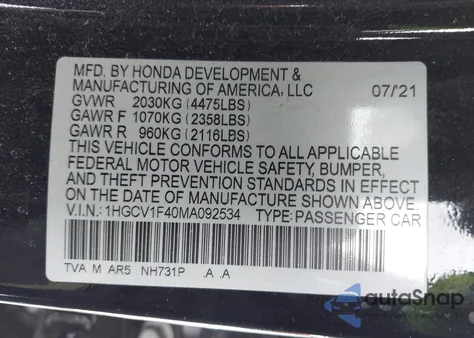 2021 Honda Accord Sport Special Edition из США, поврежденный, VIN 1HGCV1F40MA092534